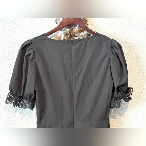 Black Lace Trim Ruffle Mini Dress Size Medium V-Neck Short Sleeve Party Dress - Picture 10 of 13